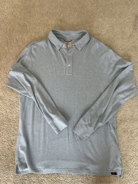 Faherty Movement Men's Long-Sleeve Light Blue Striped Polo Shirt Medium